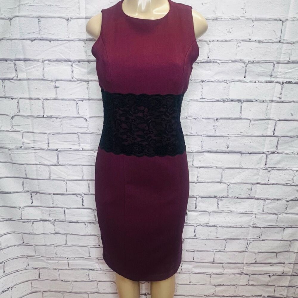 G.I.L.I. Womens Burgundy Black Lace Waist Detail Sheath Dress Size 8